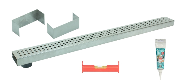 Entwässerungsrinne Edelstahl 1 Meter superflach mit Ablaufstutzen Rost Quadratlochung SET Typ 1, System 35/80